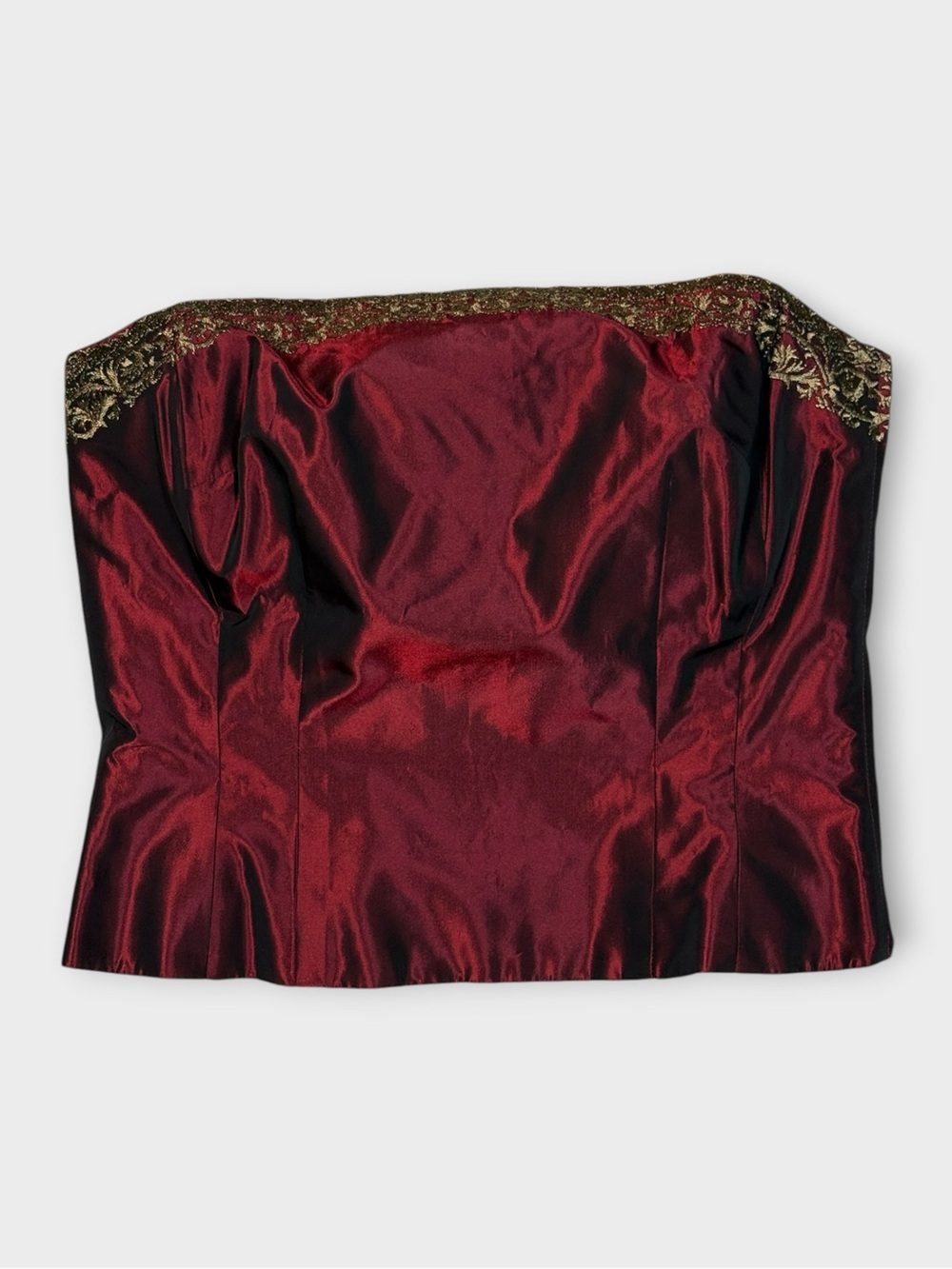Vintage 90s Ann Taylor Strapless Satin Bustier in Burgundy with Gold Embroidery